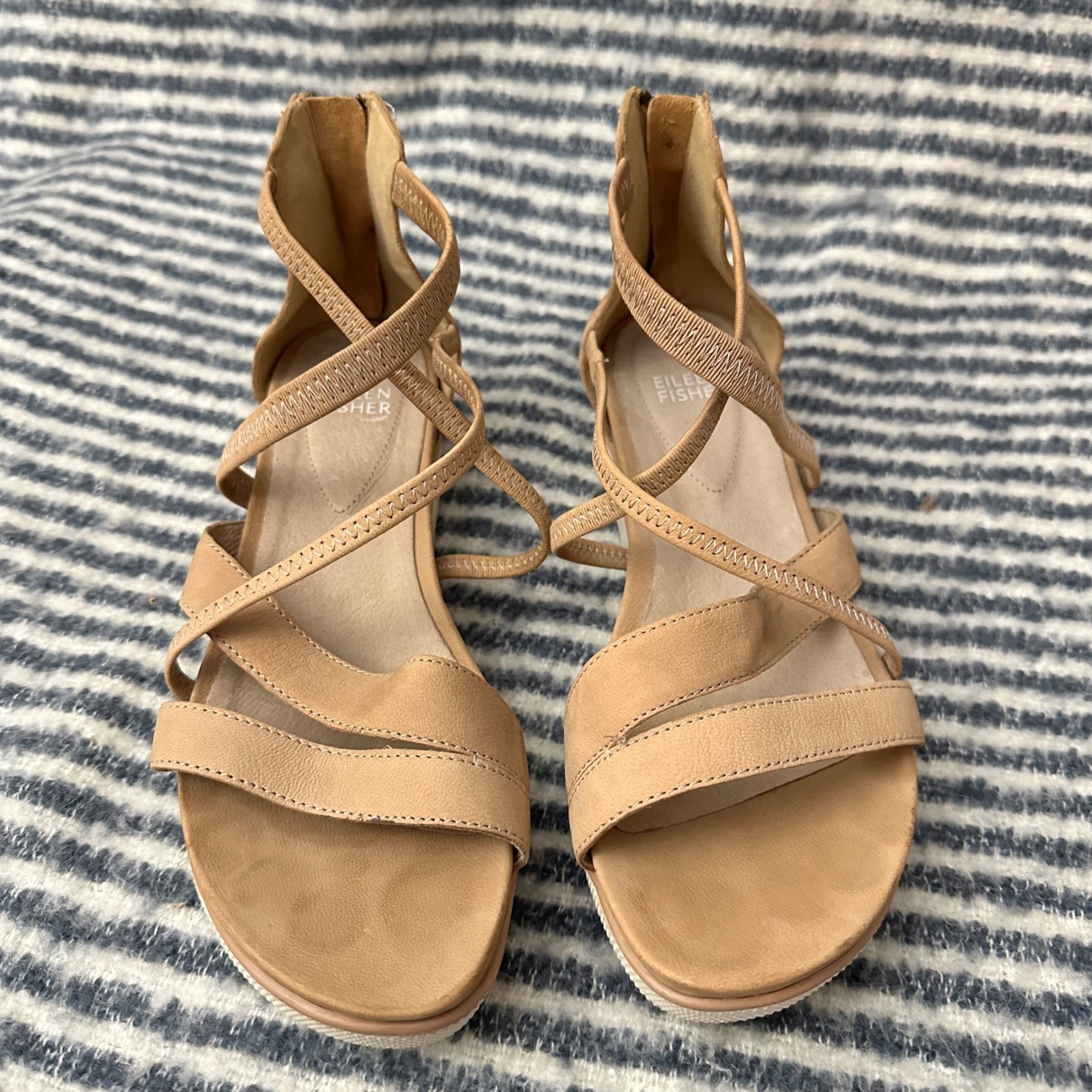Eileen Fisher Sola Women's Strappy Sandals Tan Tumbled Nubuck Platform Sz 7.5